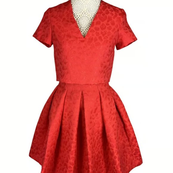 NWT Maje Roleo Pleated Metallic Jacquard Dress Red Size 1 - Picture 2 of 8